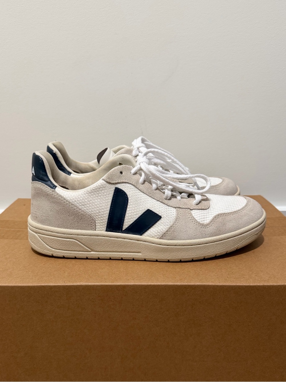 Veja Men’s Cream and Navy V-Logo Sneakers